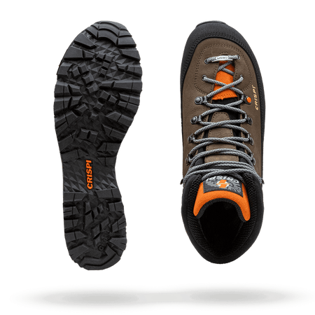 Crispi Lapponia Lite non-insulated hunting boot in Brown — upper material and outsole tread detail