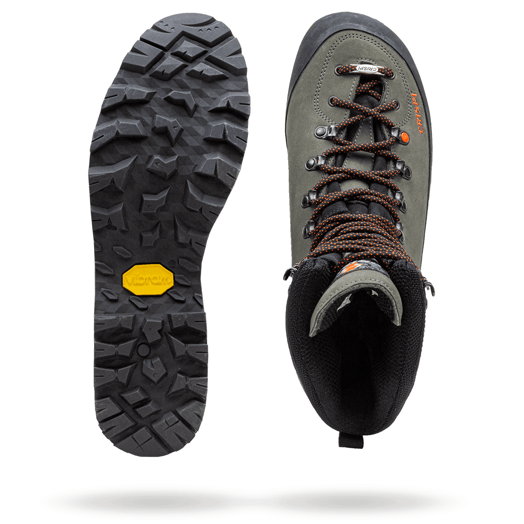 Crispi Briksdal Pro insulated hunting boot in Grey — upper material and outsole tread detail